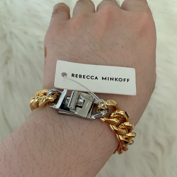 REBECCA MINKOFF Dual Tone Chunky Chain Turnlock Bracelet in Silver/Gold - Picture 2 of 5